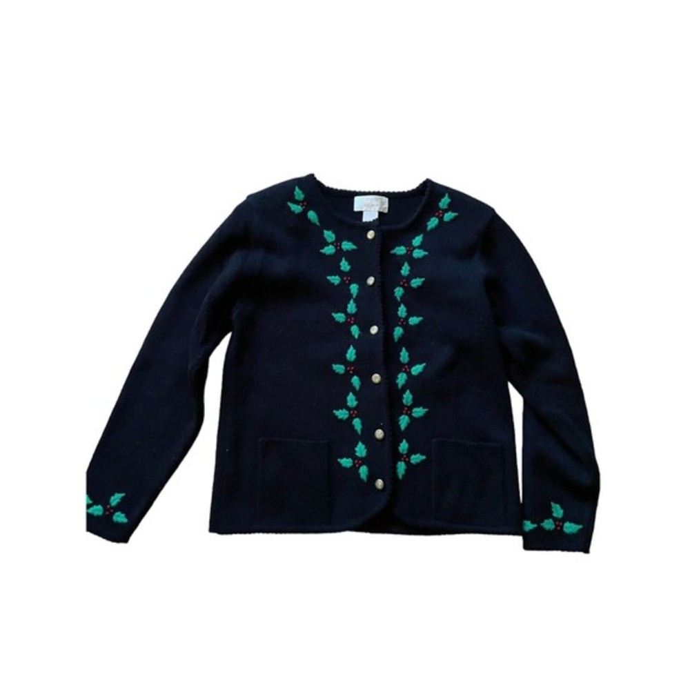 Tally Ho‎ Vintage Black Cardigan Holly Ugly Christmas Sweater Shoulder Pads SML